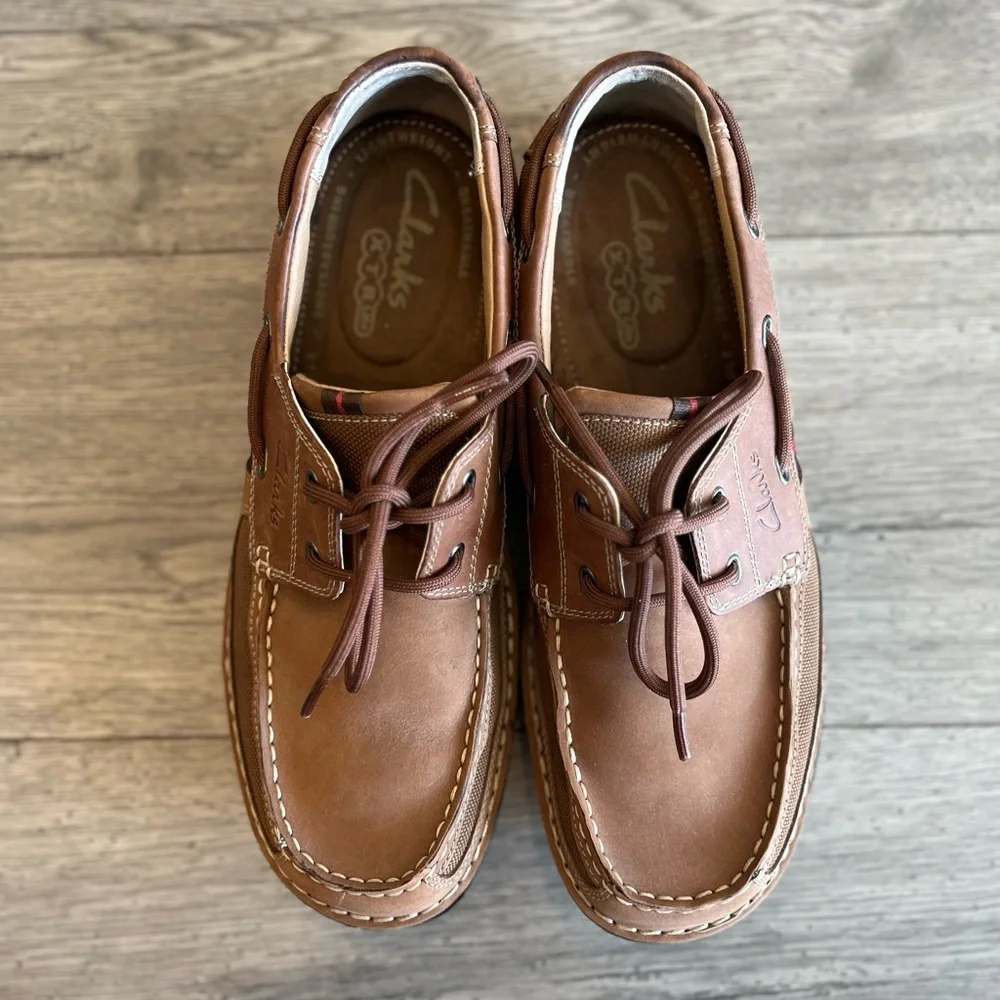 Clarks Men's Waterloo Boat Shoe Brown Leather Pull On Ortholite Footbed Size 11